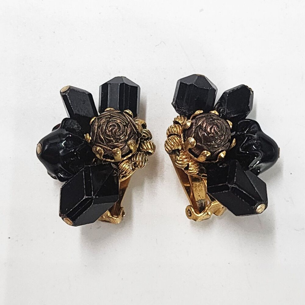 Vintage HATTIE CARNEGIE Black French Jet Glass Faceted Beads Cluster Earrings